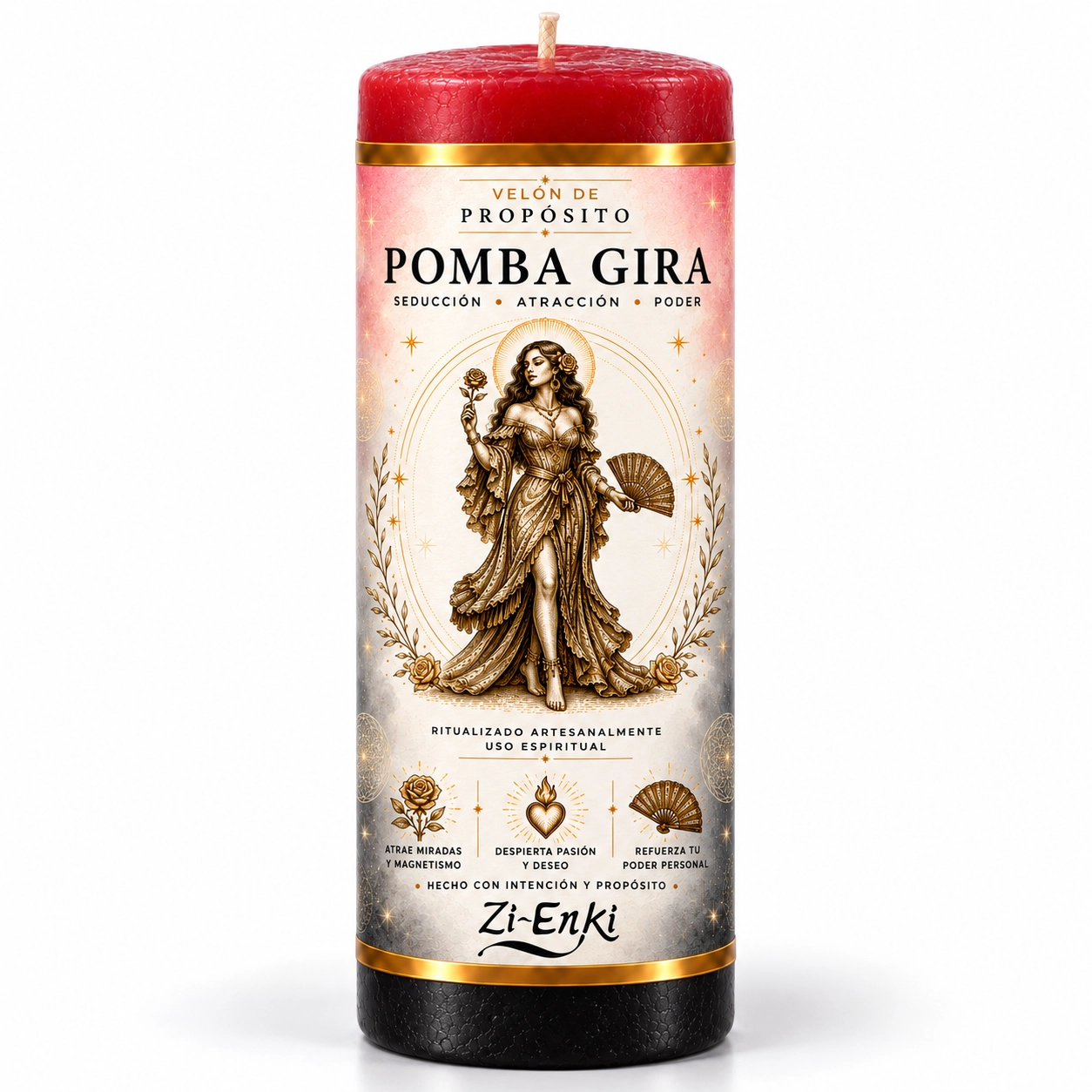 Velón Pomba Gira de Zi-Enki con su etiqueta original de Pomba Gira sosteniendo una rosa y un abanico
