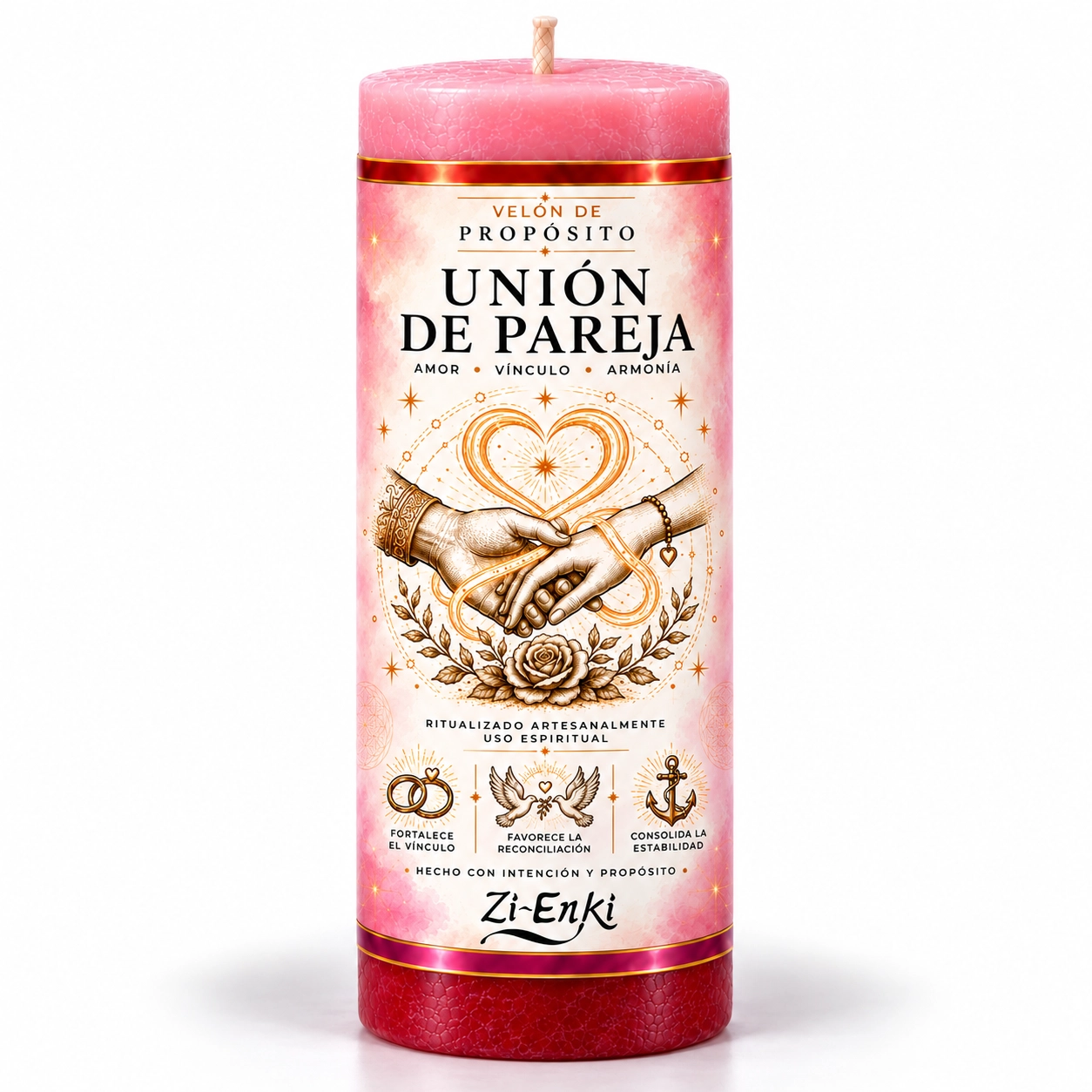 Velón Unión de Pareja de Zi-Enki con su etiqueta original de manos unidas, un corazón y una rosa
