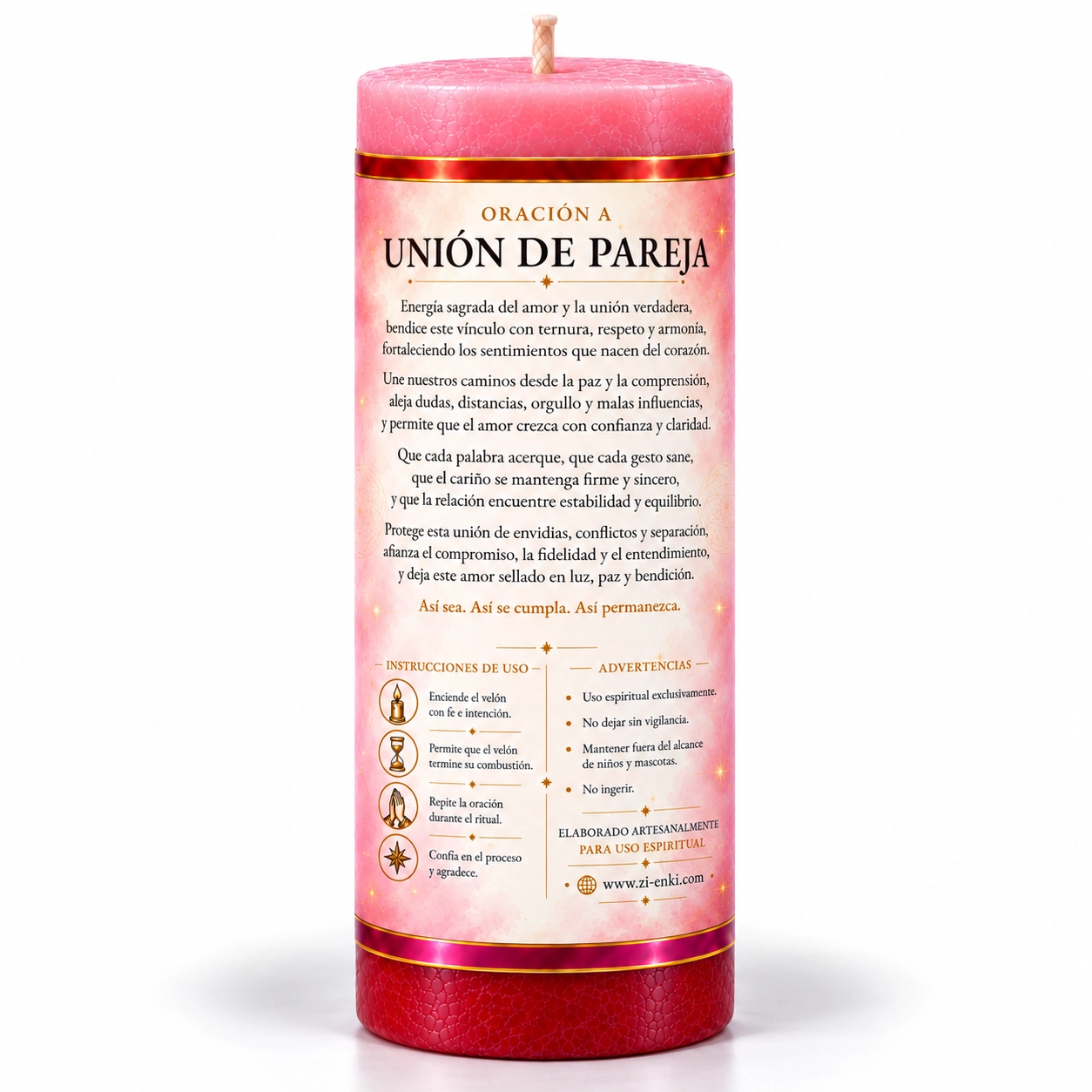 Vela Unión de Pareja, vista trasera-2 Velón Unión de Pareja de Zi-Enki con su etiqueta original de manos unidas, un corazón y una rosa