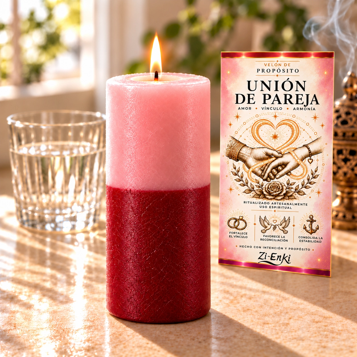 Vela de unión de pareja con etiqueta-4 Velón Unión de Pareja de Zi-Enki con su etiqueta original de manos unidas, un corazón y una rosa