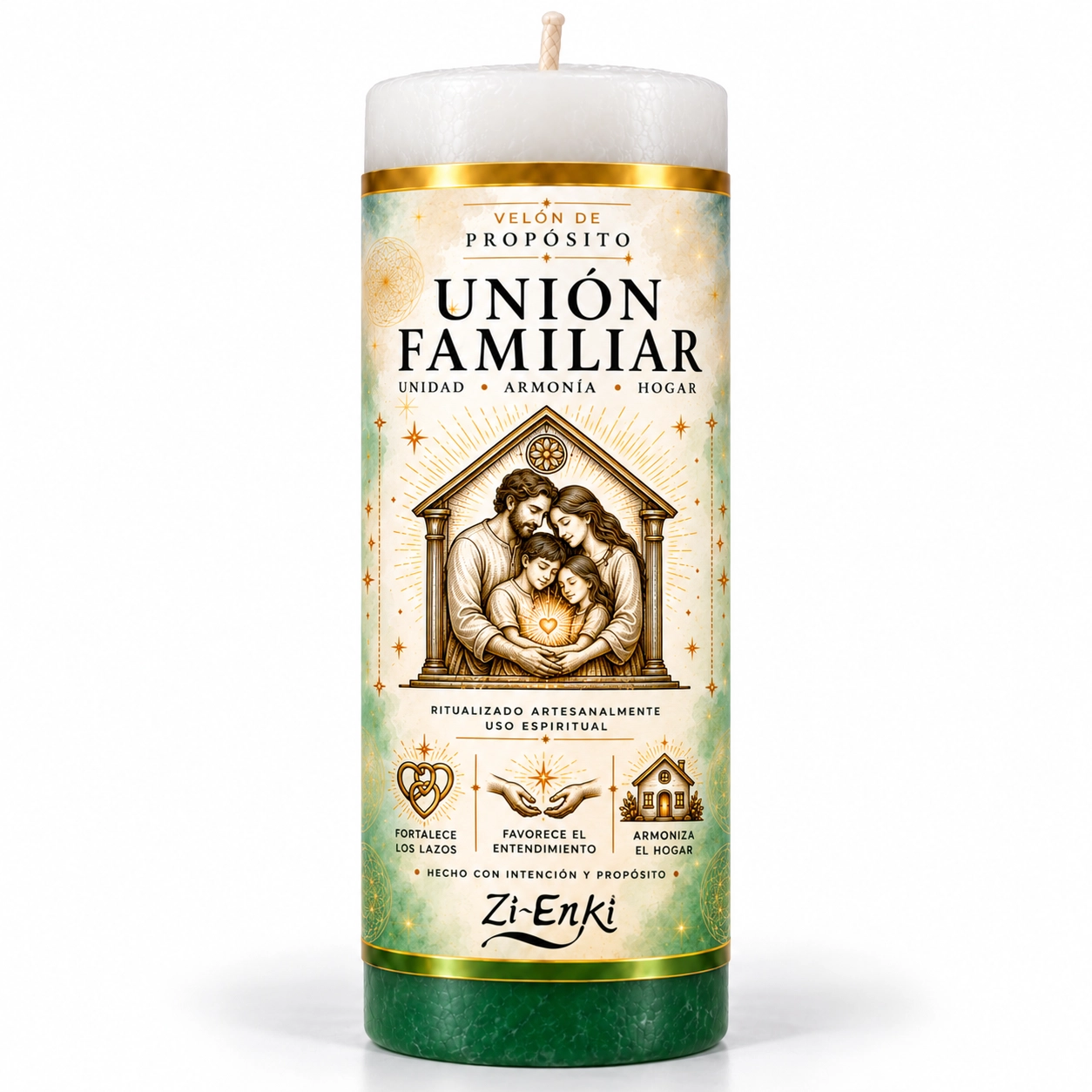 Velón Unión Familiar de Zi-Enki con su etiqueta original de una familia abrazada bajo un marco con forma de hogar