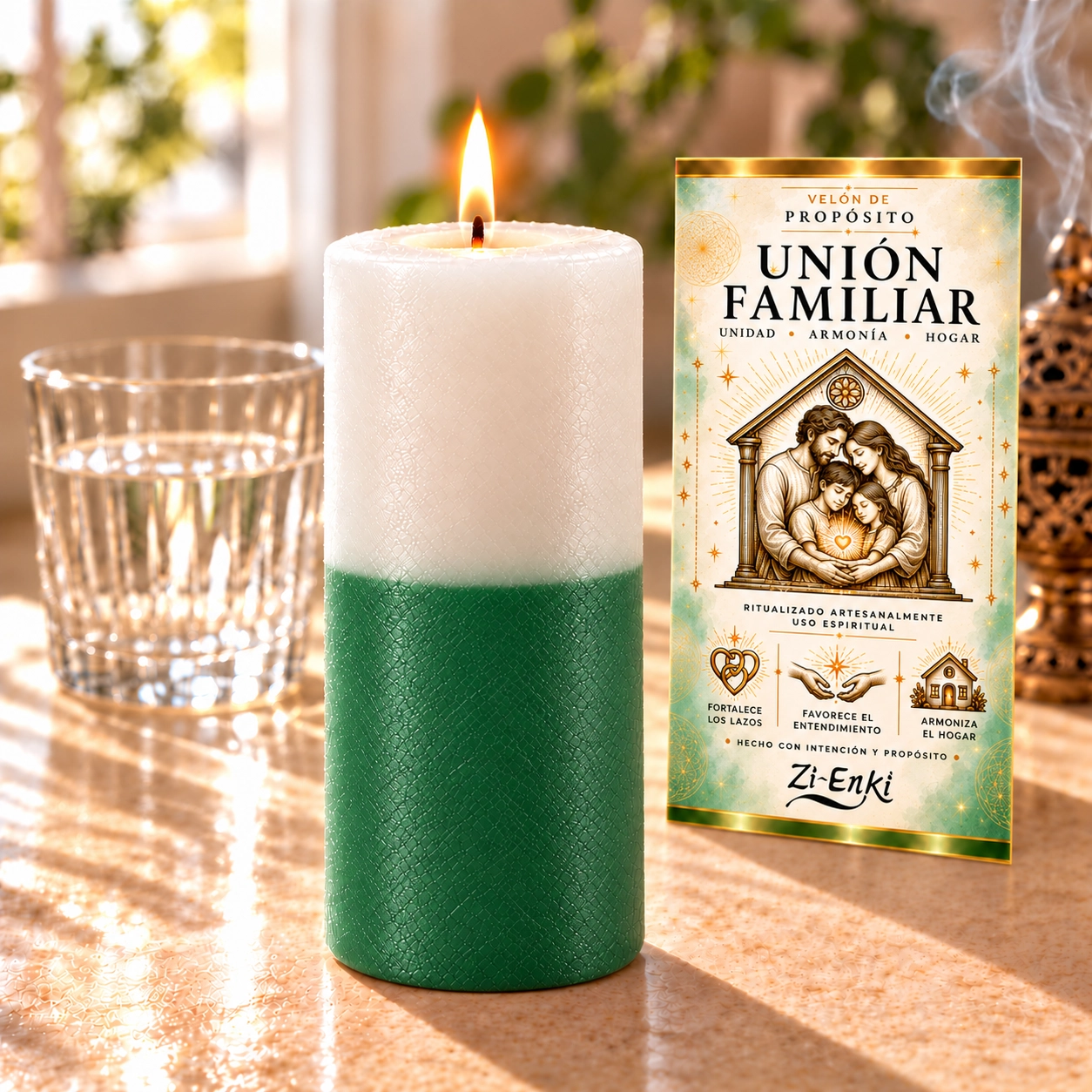 Vela verde de unión familiar-4 Velón Unión Familiar de Zi-Enki con su etiqueta original de una familia abrazada bajo un marco con forma de hogar