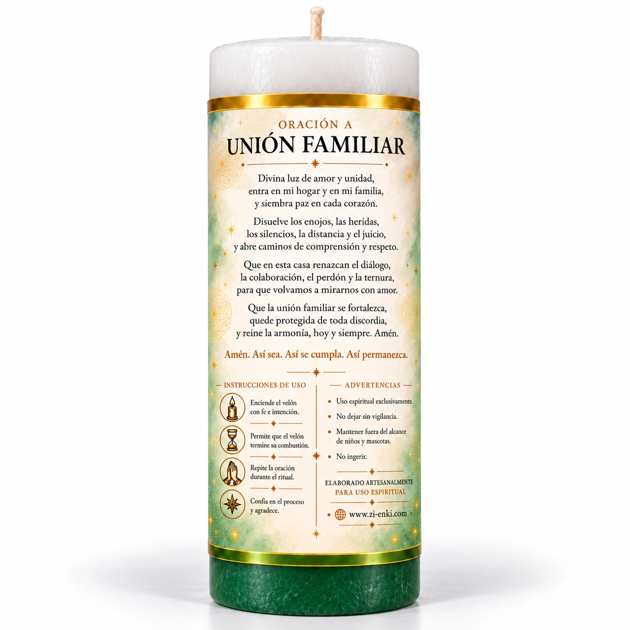 Velón de unión familiar con oración-2 Velón Unión Familiar de Zi-Enki con su etiqueta original de una familia abrazada bajo un marco con forma de hogar