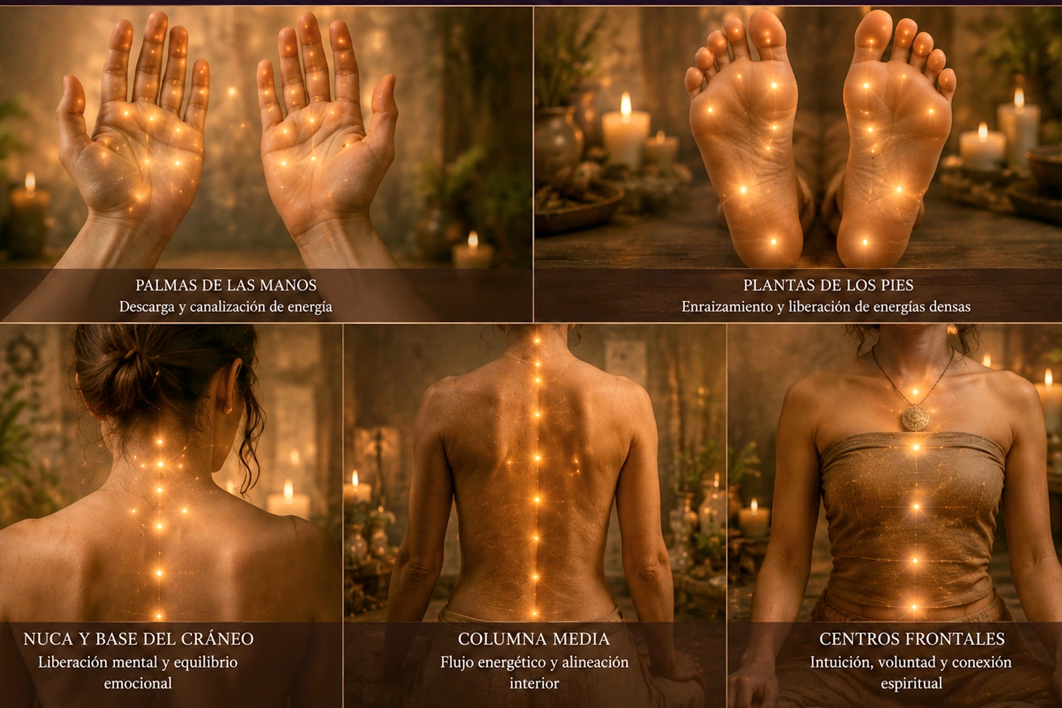 Representación de chakras secundarios en manos, pies, cuello y espalda