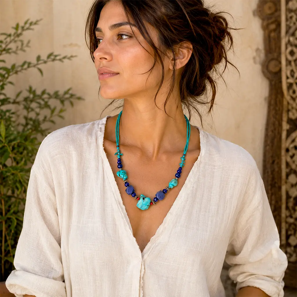 Collar artesanal de estilo étnico elaborado en India con cuentas decorativas y diseño bohemio
