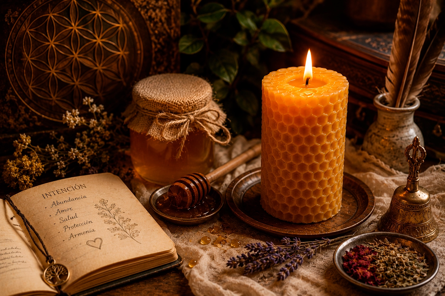 Espacio ritual espiritual con incienso, pergamino y elementos para realizar un ritual de velas de miel.