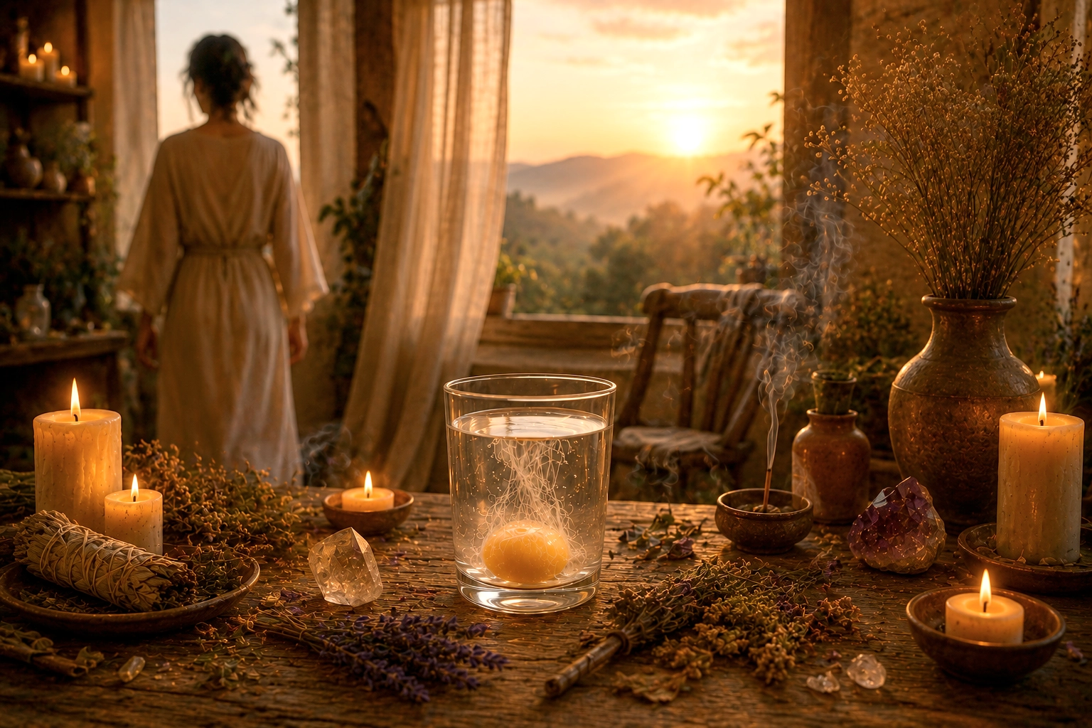 Mesa ritual con vaso de Ovomancia al amanecer en un ambiente sereno y espiritual
