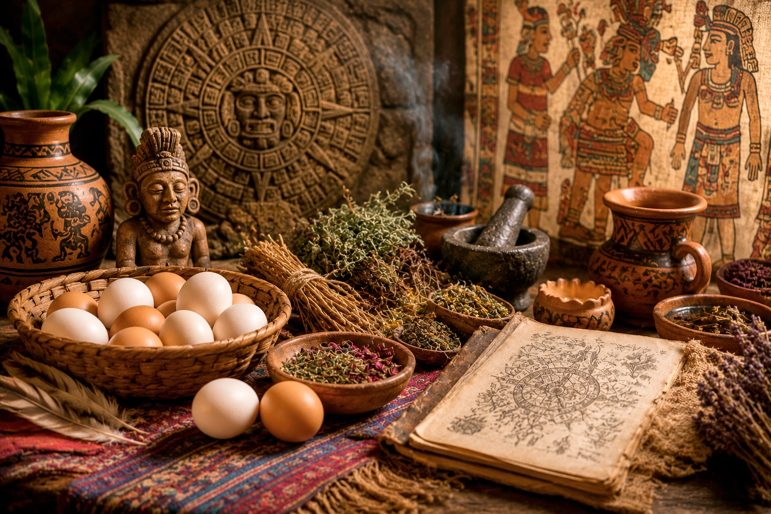 Mesa ceremonial con huevos, hierbas y símbolos antiguos relacionados con la Ovomancia ancestral