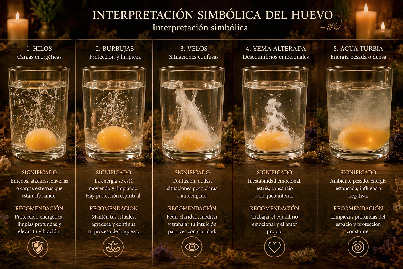 Distintas formas del huevo dentro del agua utilizadas para la interpretación espiritual en la Ovomancia
