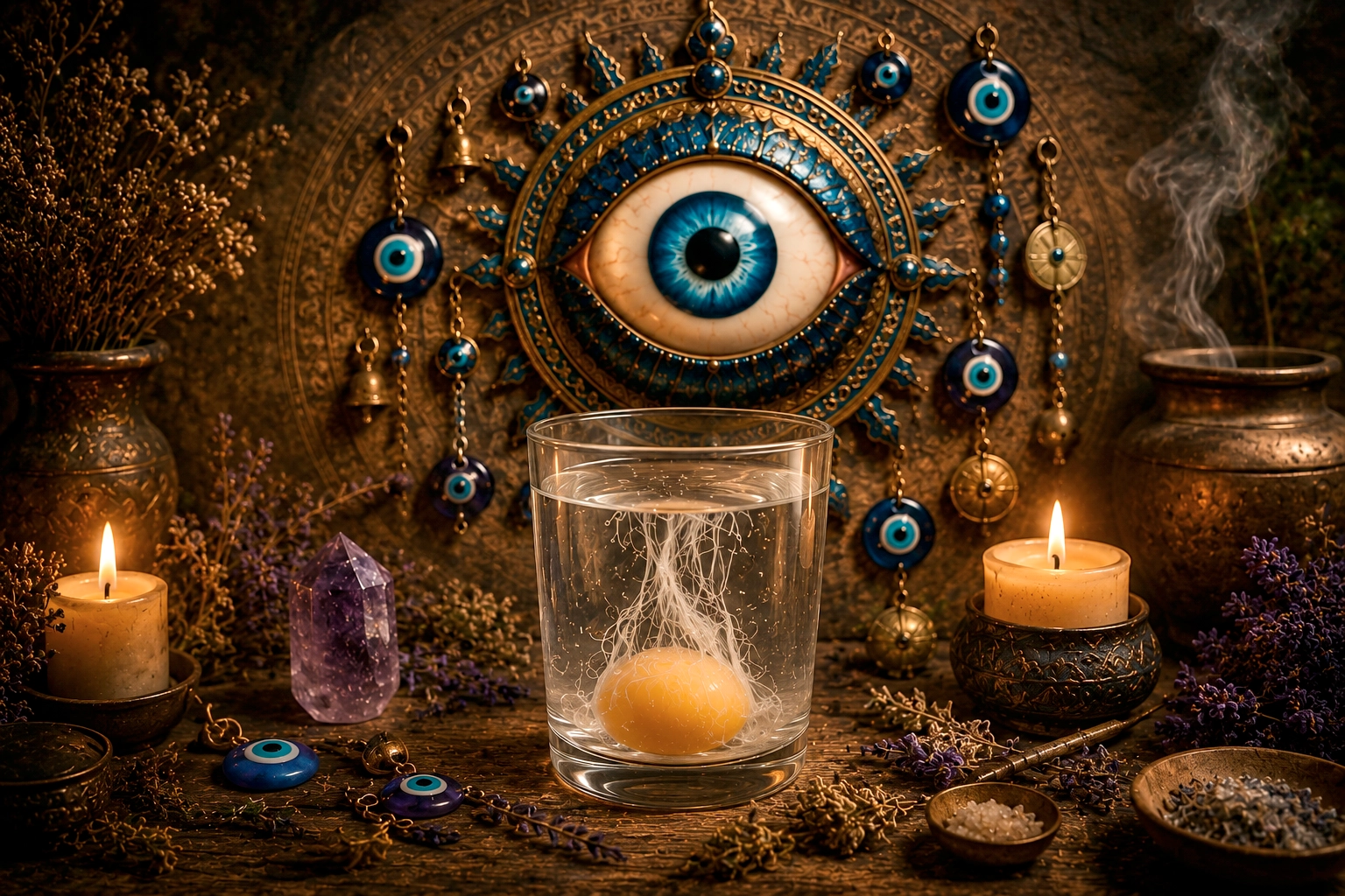 Amuleto de mal de ojo junto a un vaso con huevo en un altar espiritual