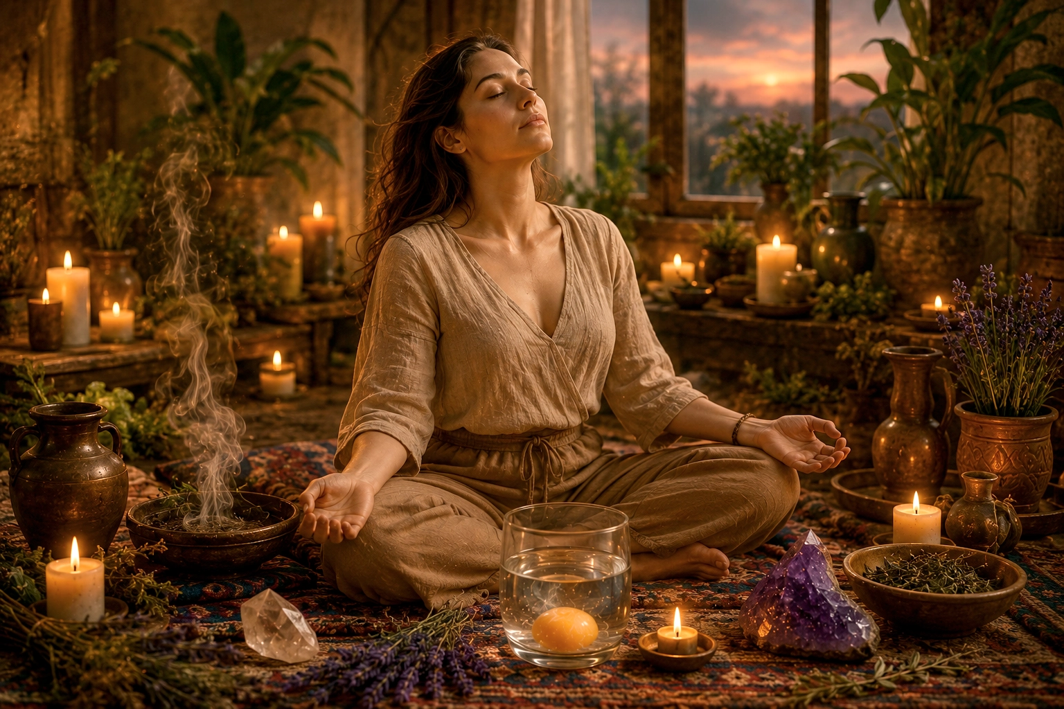 Mujer meditando en un entorno espiritual rodeada de velas y elementos rituales