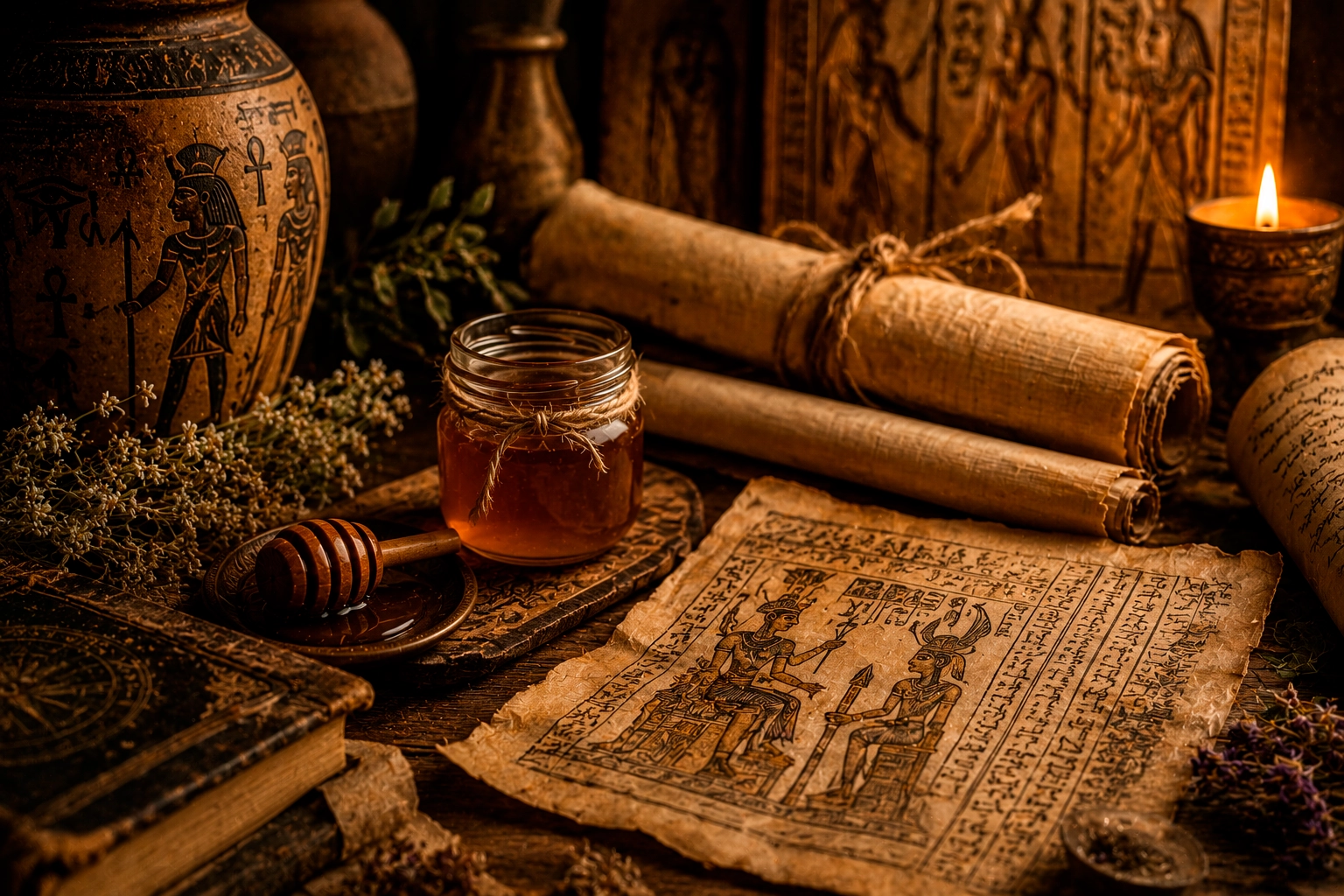 Pergaminos antiguos, miel y símbolos egipcios relacionados con el origen espiritual de las velas de miel.