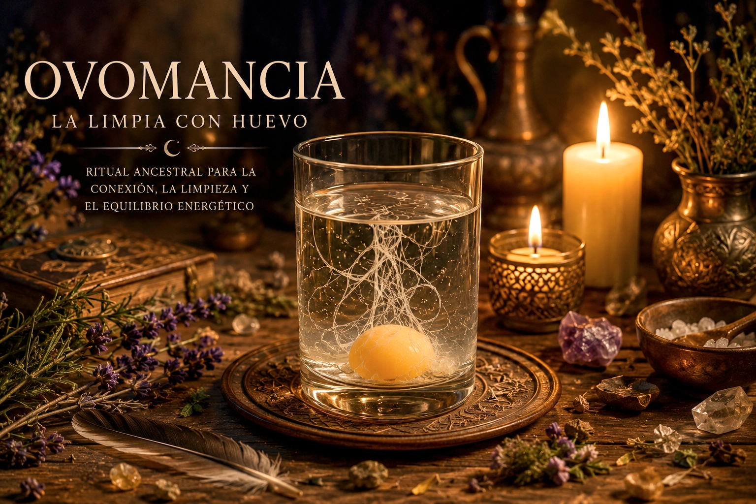Vaso con huevo utilizado en un ritual de ovomancia rodeado de velas, hierbas y elementos esotéricos
