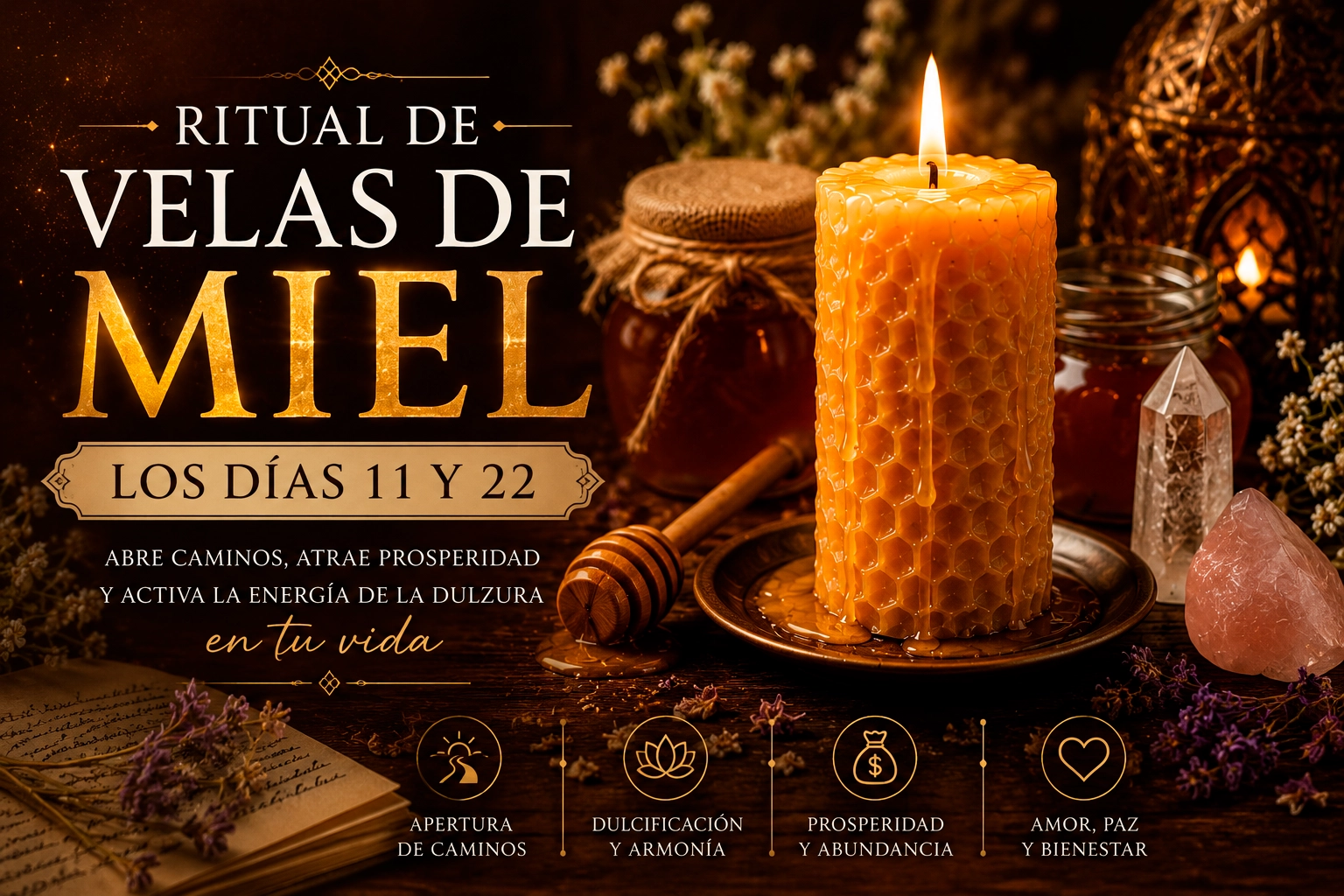 Vela de miel encendida para ritual espiritual de prosperidad y apertura de caminos realizado los días 11 y 22.