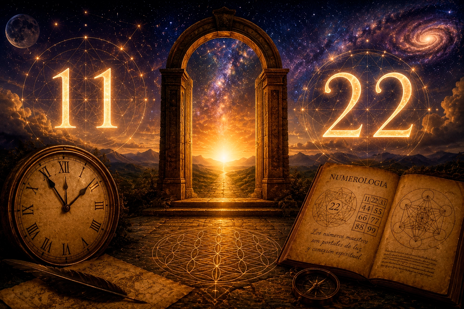 Portal energético con los números maestros 11 y 22 rodeados de geometría sagrada y cielo estrellado.