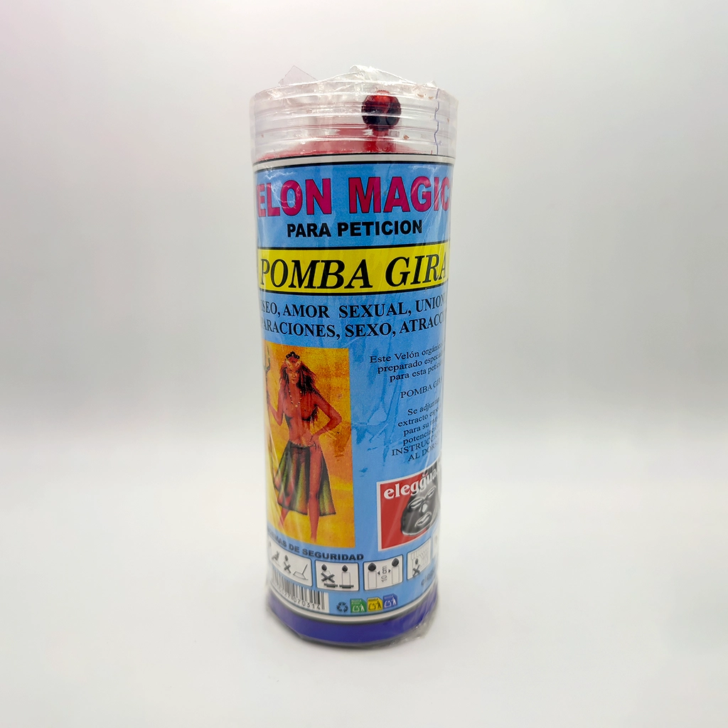 Velón esotérico Pomba Gira para rituales de amor, atracción y magnetismo personal.