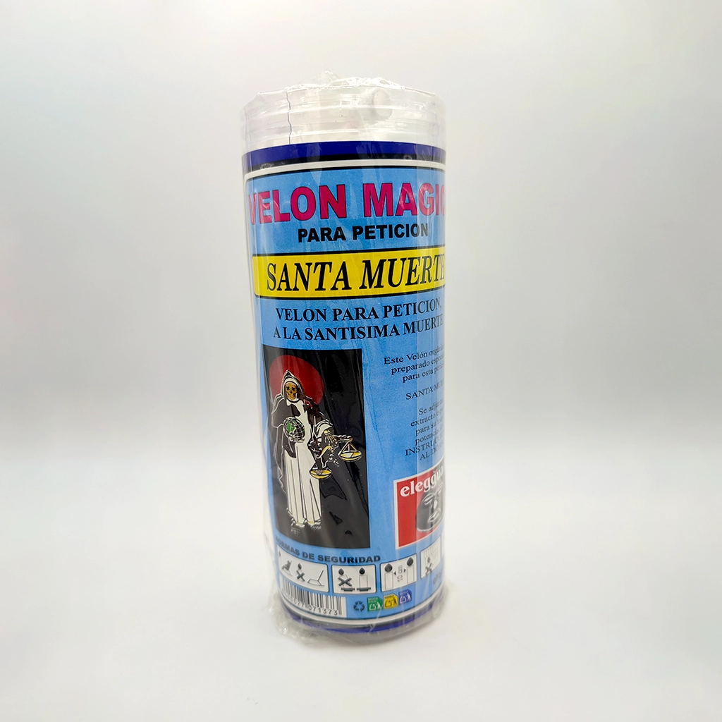 Velón esotérico Santa Muerte para rituales de protección, limpieza y transformación espiritual.