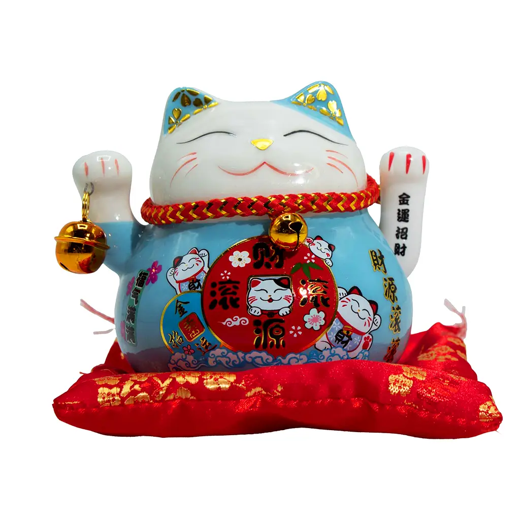 Figura Maneki Neko gatito de la suerte japonés disponible en color dorado, azul y rosa