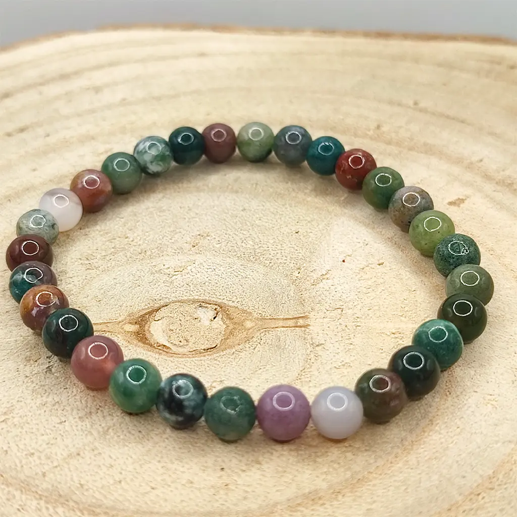 Pulsera de Ágata India de 6 mm con tonos verdes y terrosos naturales.