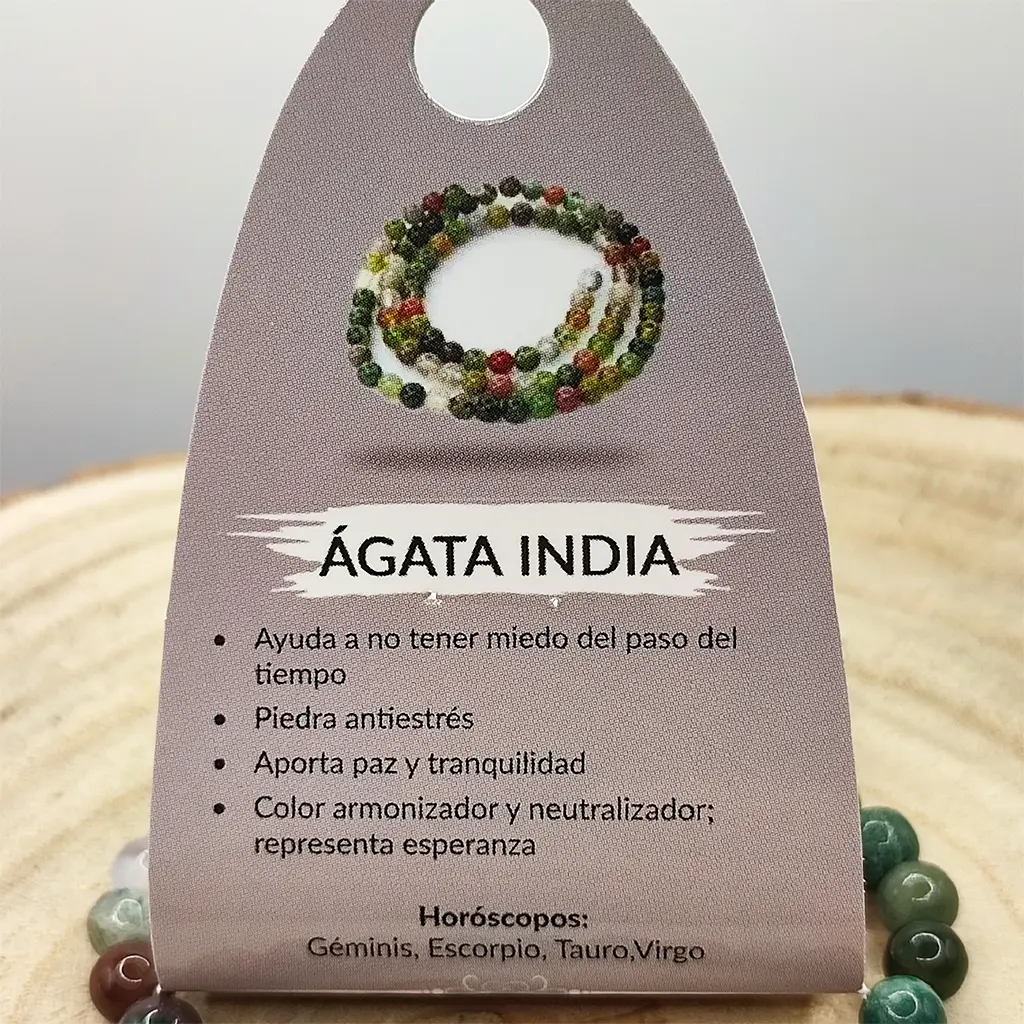 Pulsera Ágata India 6 mm Pulsera de Ágata India de 6 mm con tonos verdes y terrosos naturales.
