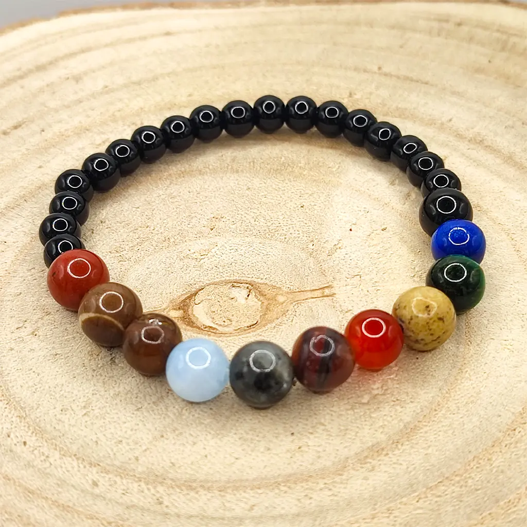 Pulsera de minerales planetarios de 6 mm inspirada en las energías del sistema solar para armonía y equilibrio energético.