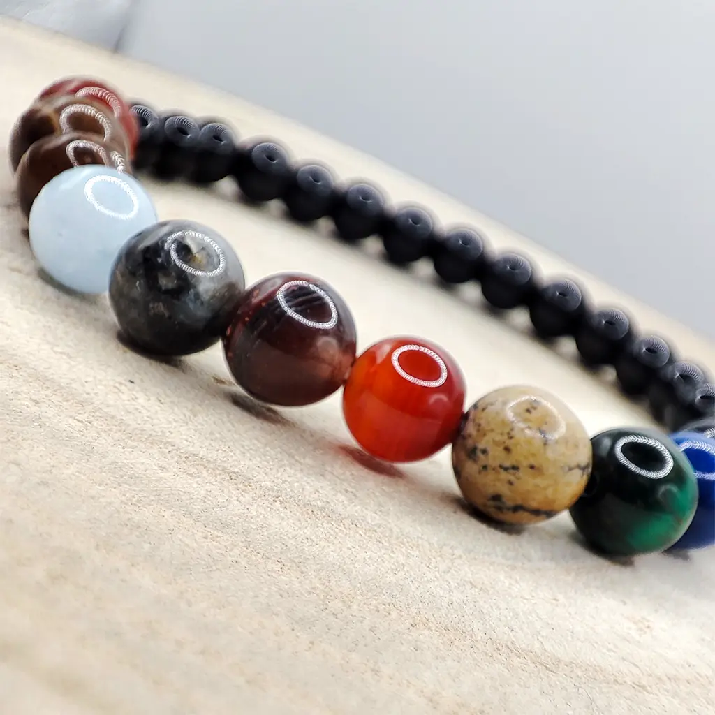 Pulsera Armonía Cósmica de Minerales Planetarios 6 mm Pulsera de minerales planetarios de 6 mm inspirada en las energías del sistema solar para armonía y equilibrio energético.