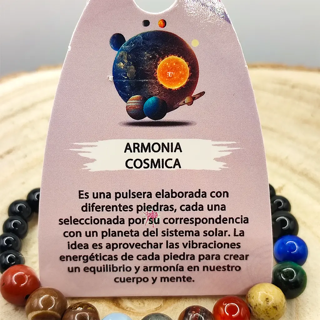 Pulsera Armonía Cósmica de Minerales Planetarios 6 mm Pulsera de minerales planetarios de 6 mm inspirada en las energías del sistema solar para armonía y equilibrio energético.
