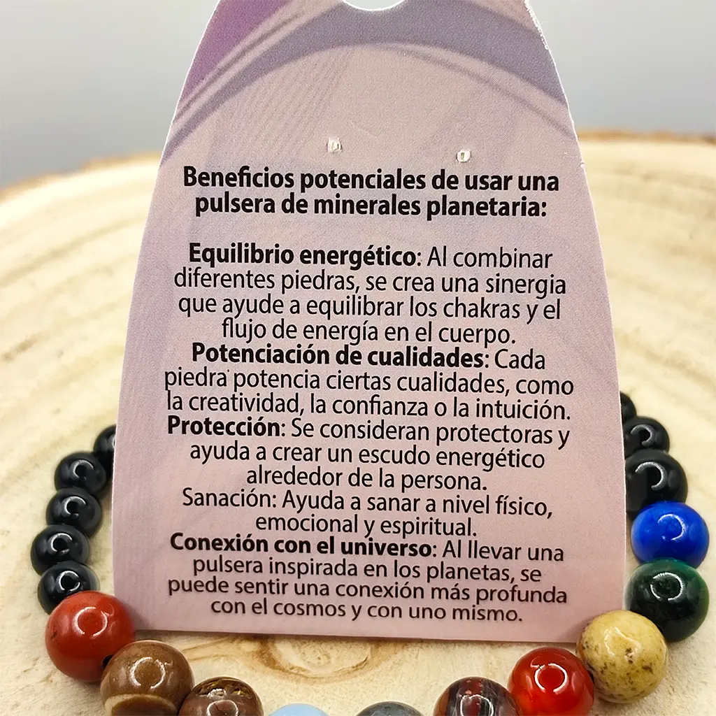 Pulsera Armonía Cósmica de Minerales Planetarios 6 mm Pulsera de minerales planetarios de 6 mm inspirada en las energías del sistema solar para armonía y equilibrio energético.