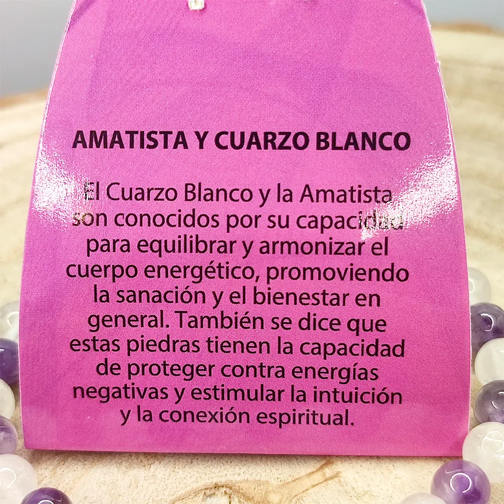 Pulsera Buena Salud de Amatista y Cuarzo Blanco 6 mm Pulsera Buena Salud elaborada con Amatista y Cuarzo Blanco natural de 6 mm.