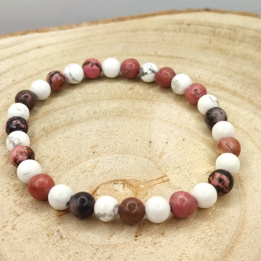 Pulsera Equilibrio Emocional elaborada con Rodonita y Howlita natural de 6 mm.