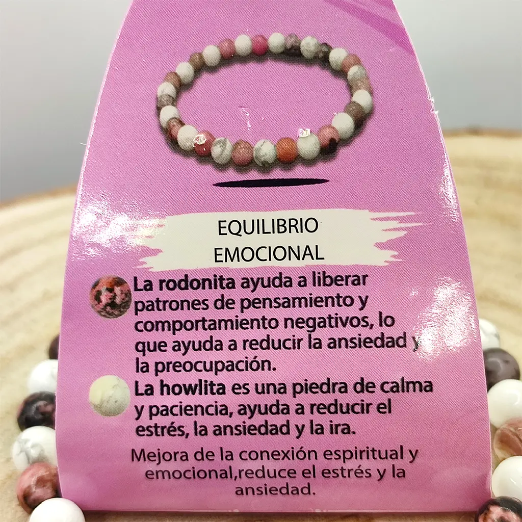 Pulsera Equilibrio Emocional de Rodonita y Howlita 6 mm Pulsera Equilibrio Emocional elaborada con Rodonita y Howlita natural de 6 mm.