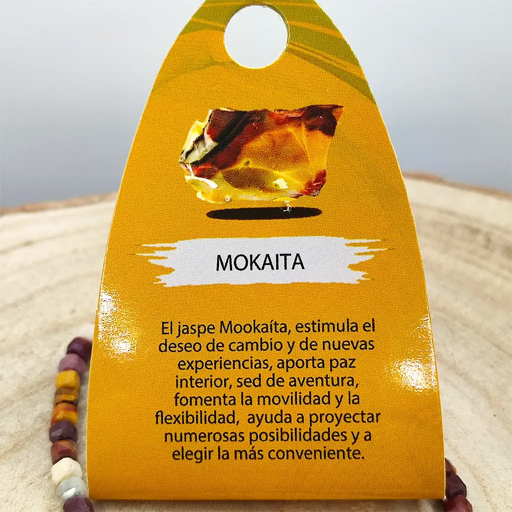 Pulsera facetada de Mookaita 4 mm Pulsera facetada de jaspe mookaita natural de 4 mm en tonos tierra, ocres, rojizos y crema.