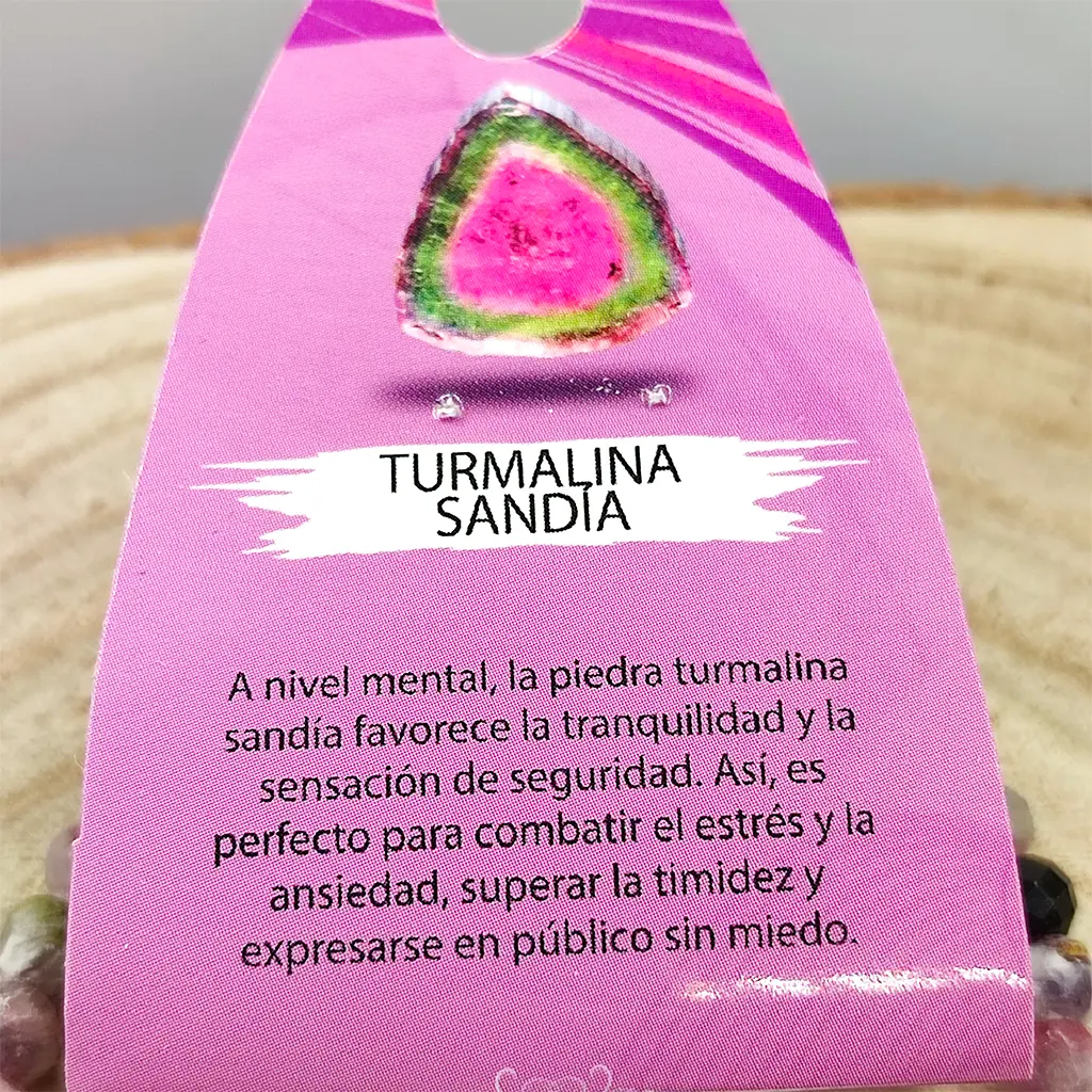 Pulsera facetada de Turmalina Sandía 6 mm Pulsera facetada de Turmalina Sandía natural de 6 mm con tonos rosas, verdes y blancos.