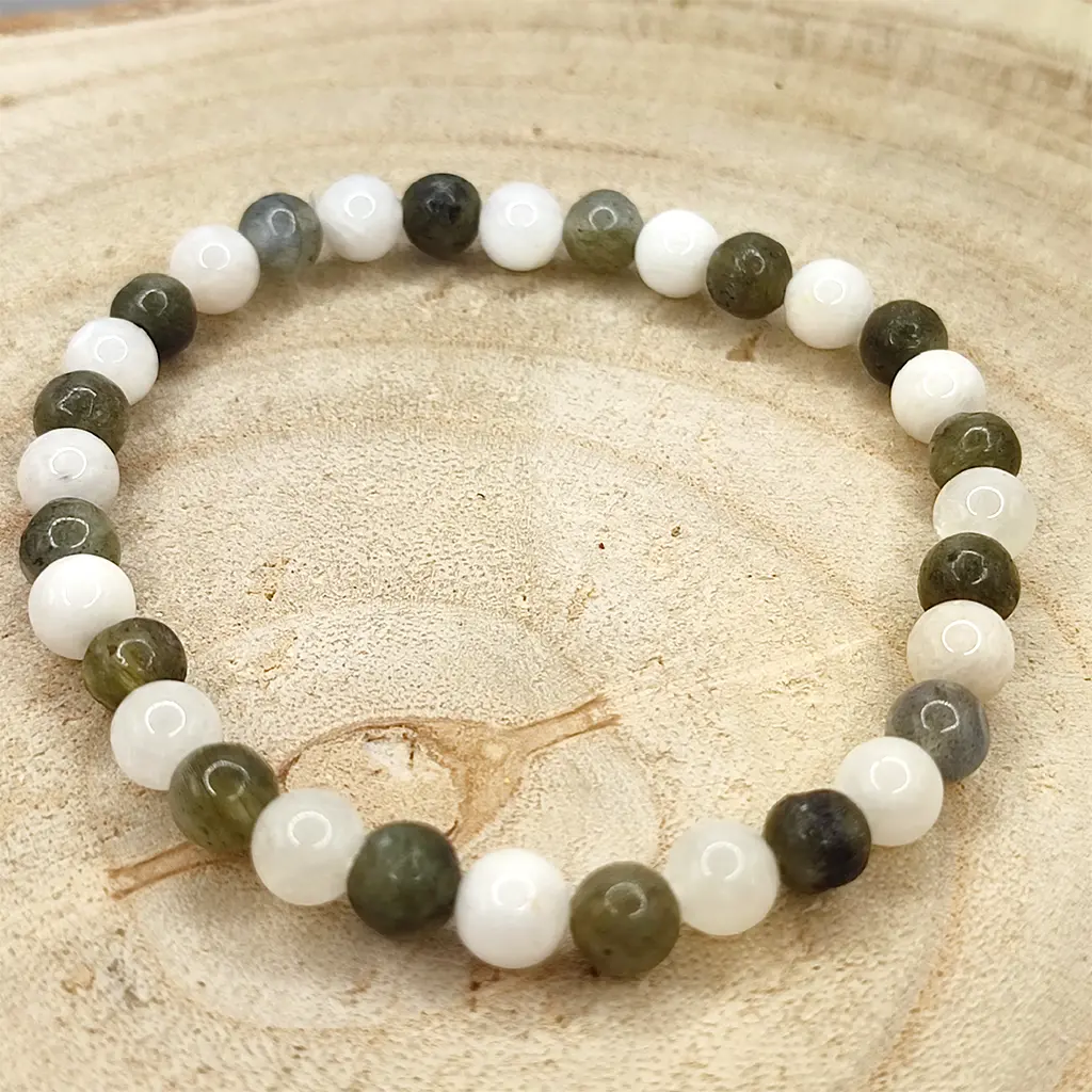 Pulsera de Piedra Luna y Labradorita natural de 6 mm para intuición, protección y desarrollo espiritual.