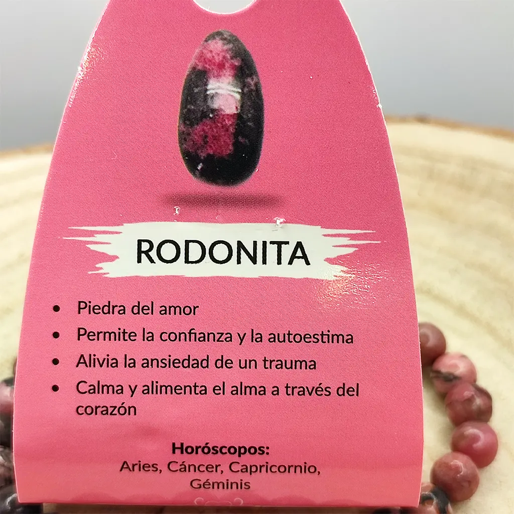Pulsera de Rodonita de 6 mm con tonos rosados y vetas oscuras naturales.