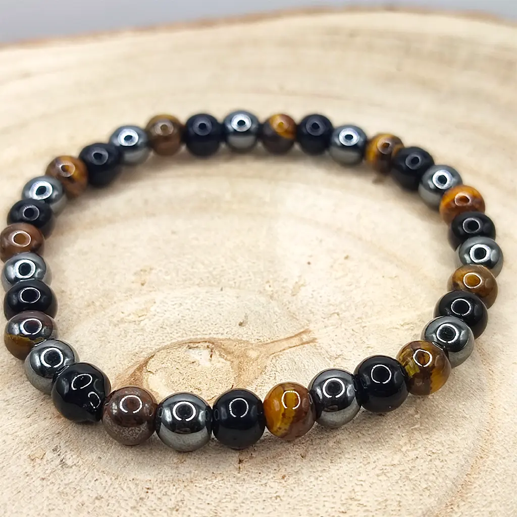 Pulsera de Ojo de Tigre, Obsidiana y Hematita natural de 6 mm para protección energética y equilibrio emocional.