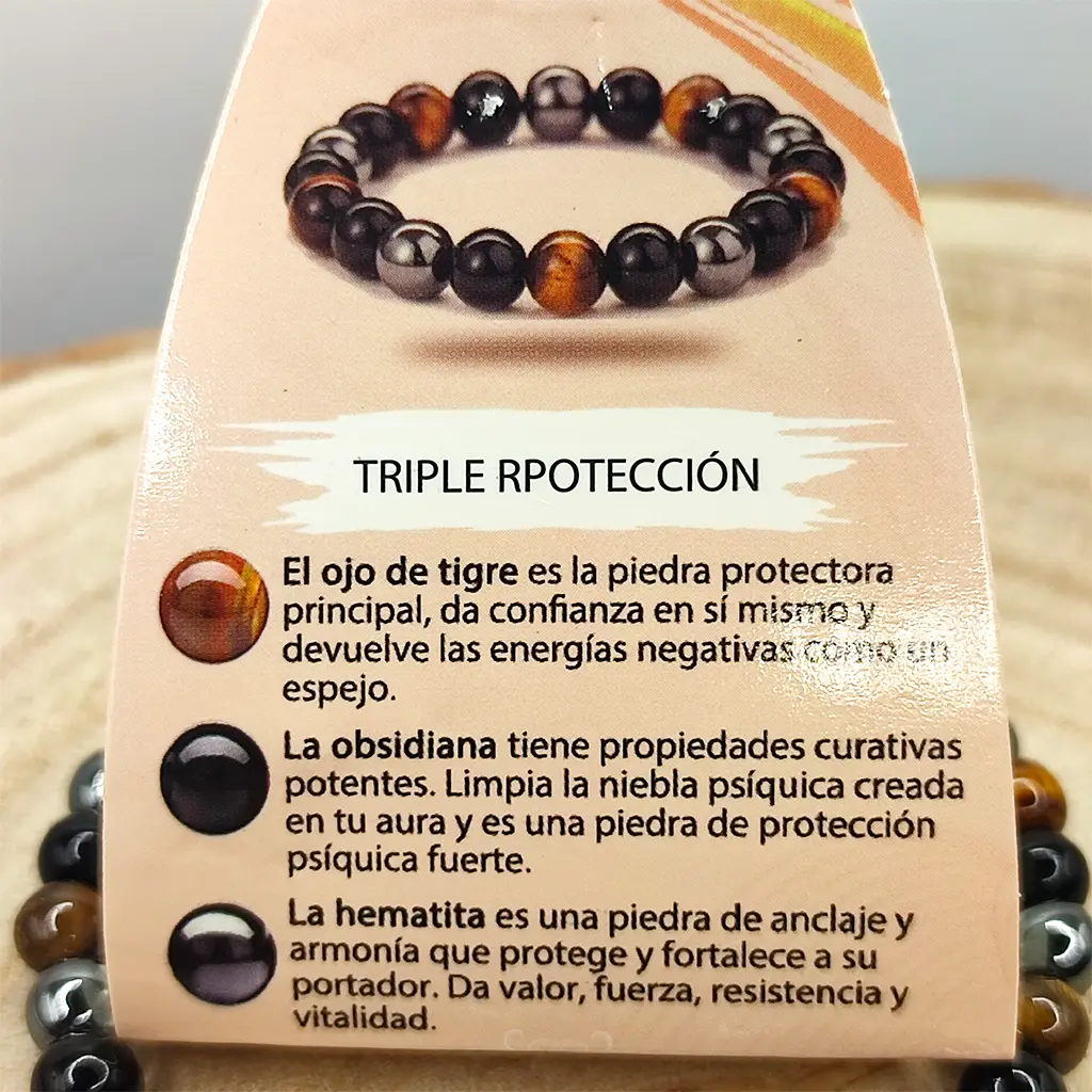 Pulsera Triple Protección de Ojo de Tigre, Obsidiana y Hematita 6 mm Pulsera de Ojo de Tigre, Obsidiana y Hematita natural de 6 mm para protección energética y equilibrio emocional.