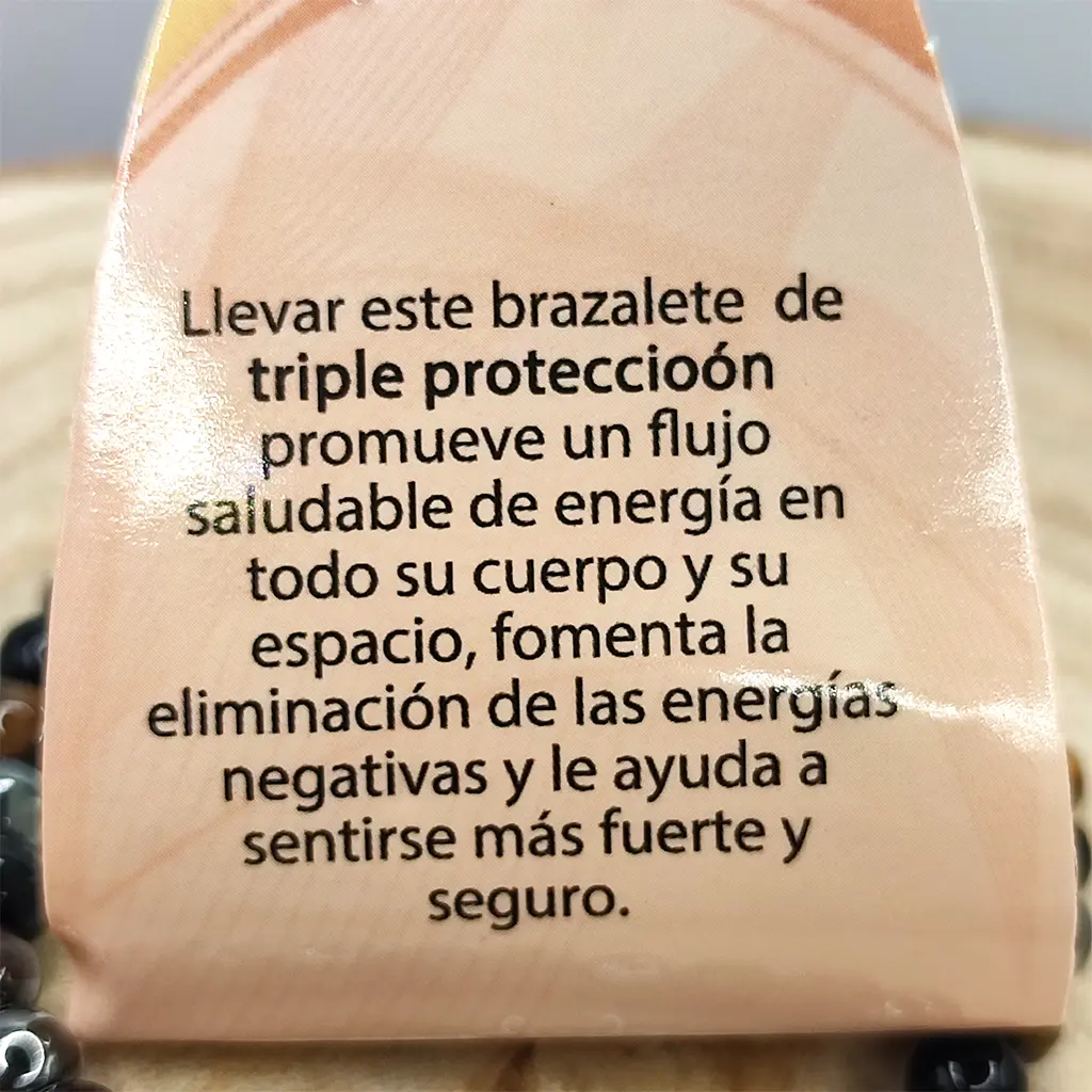 Pulsera Triple Protección de Ojo de Tigre, Obsidiana y Hematita 6 mm Pulsera de Ojo de Tigre, Obsidiana y Hematita natural de 6 mm para protección energética y equilibrio emocional.