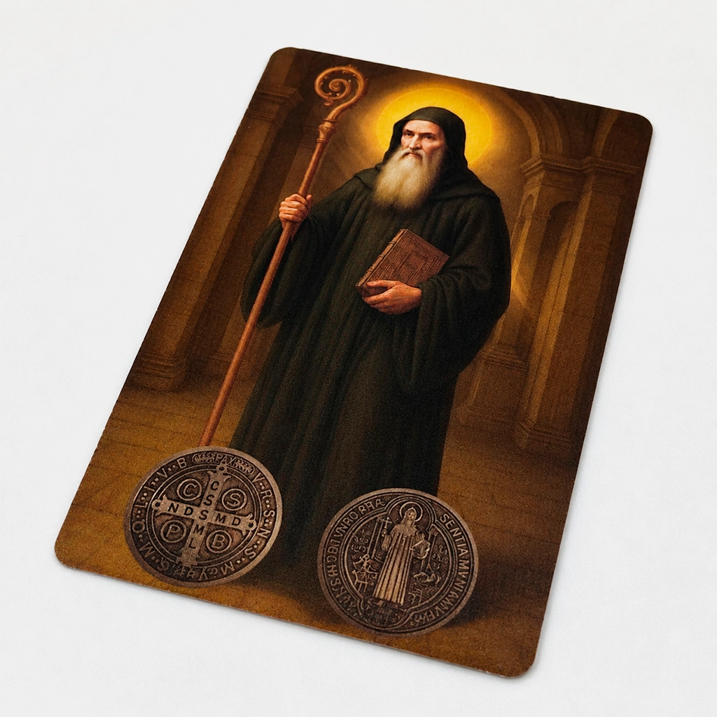 Estampa de San Benito con oración y Medalla de San Benito para protección espiritual