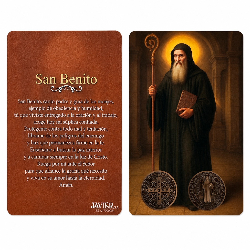 Estampa San Benito con Oración Estampa de San Benito con oración y Medalla de San Benito para protección espiritual