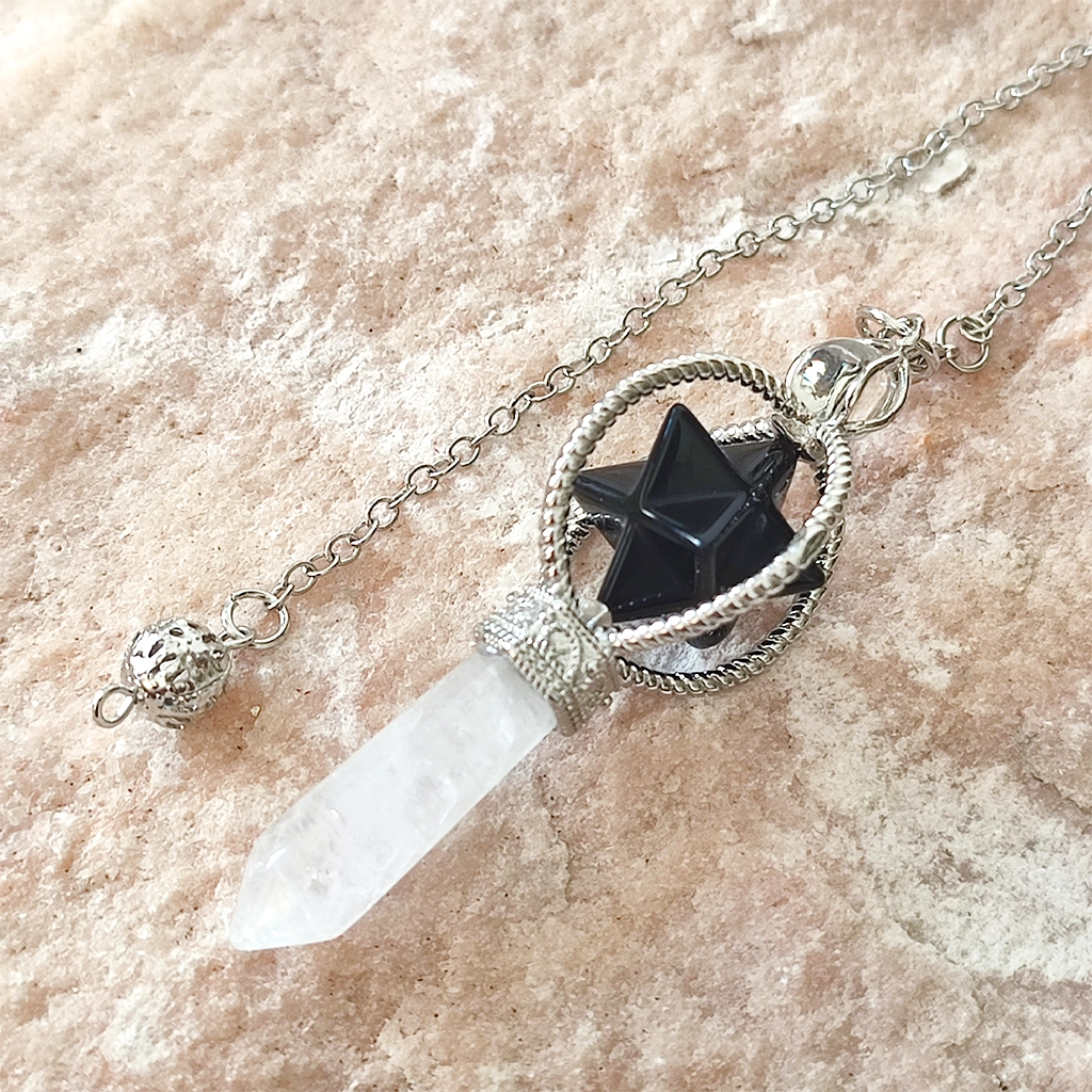 Péndulo Merkaba de obsidiana con punta de cuarzo blanco