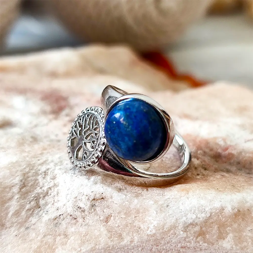 Anillo de Lapislázuli Árbol de la Vida Ajustable Anillo ajustable de metal plateado con lapislázuli y Árbol de la Vida