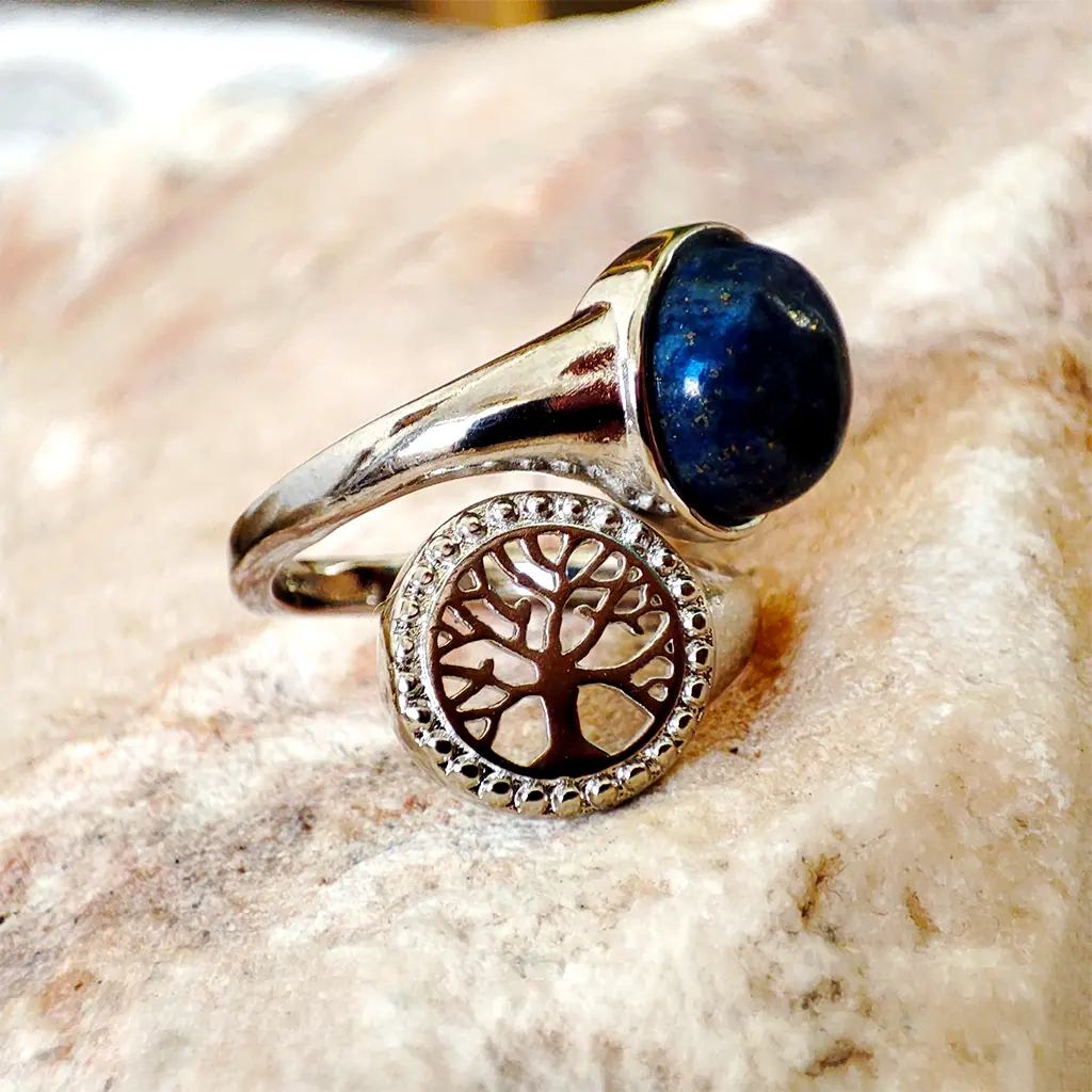 Anillo de Lapislázuli Árbol de la Vida Ajustable Anillo ajustable de metal plateado con lapislázuli y Árbol de la Vida