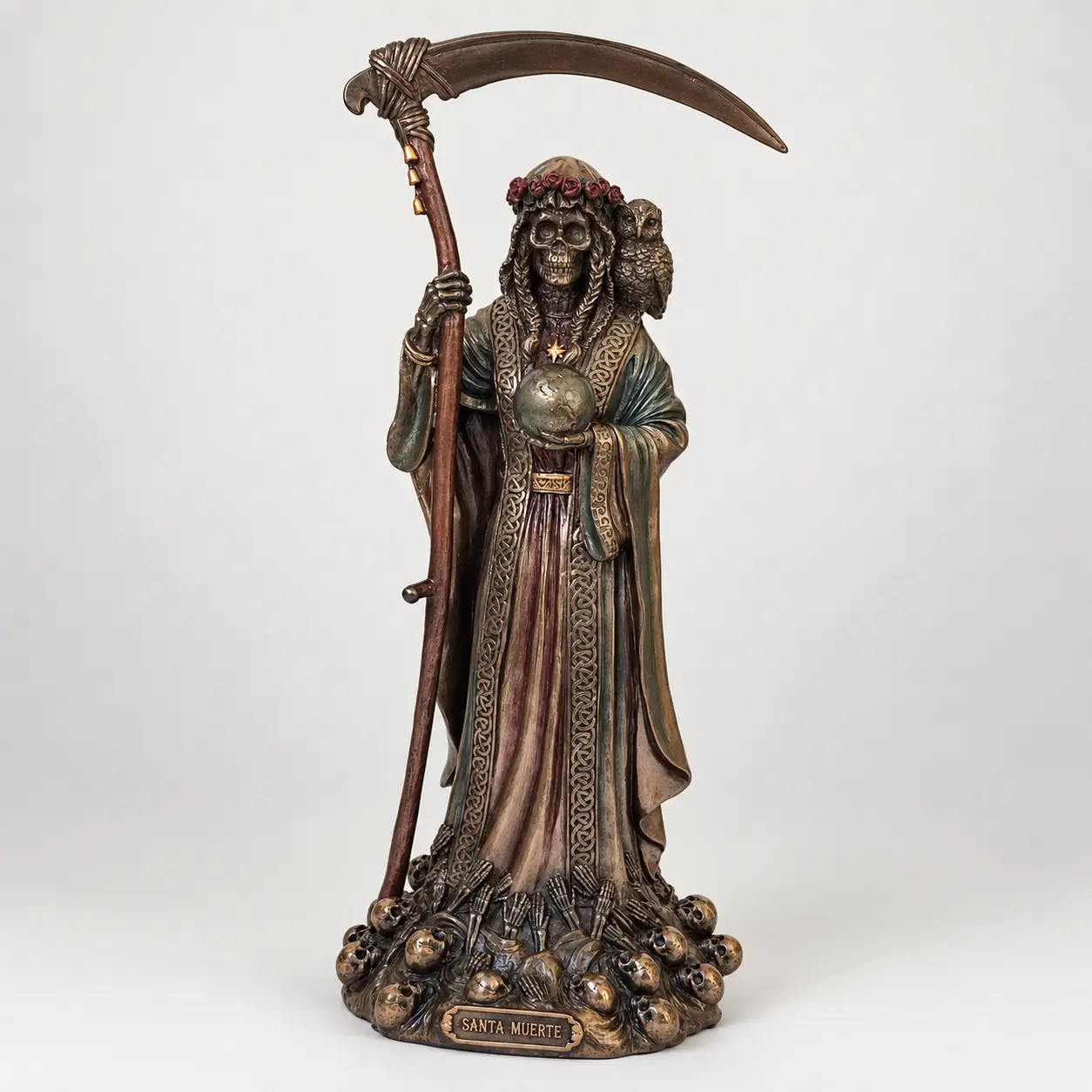 Figura de la Santísima Muerte con guadaña, mundo y búho de 28 cm
