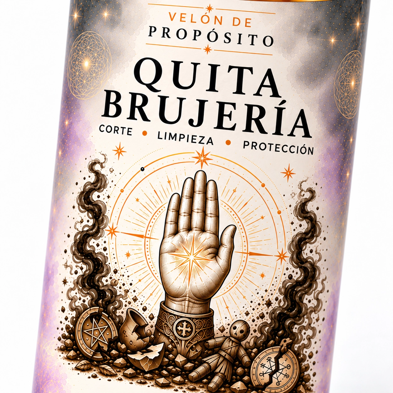 Velón Quita Brujería – Zi-Enki Velón Quita Brujería con etiqueta ilustrada de una mano abierta y un destello en la palma