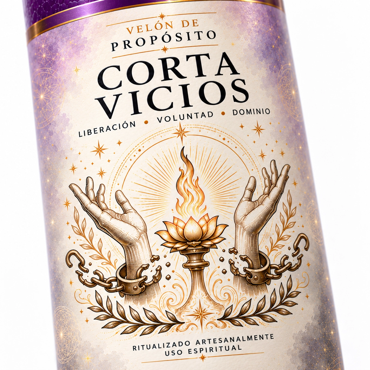 Velón Corta Vicios – Zi-Enki Velón Corta Vicios de Zi-Enki con etiqueta ilustrada de manos, cadenas rotas y flor de loto