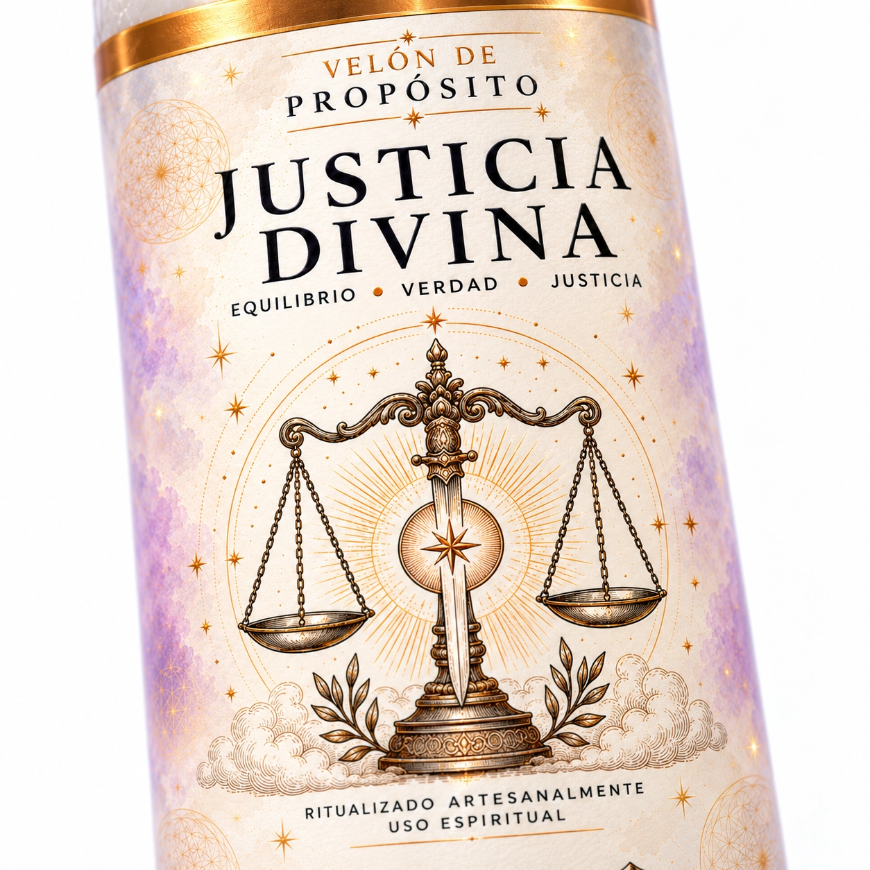 Primer plano de la etiqueta Justicia Divina-3 Velón Justicia Divina de Zi-Enki con etiqueta ilustrada de balanza y espada