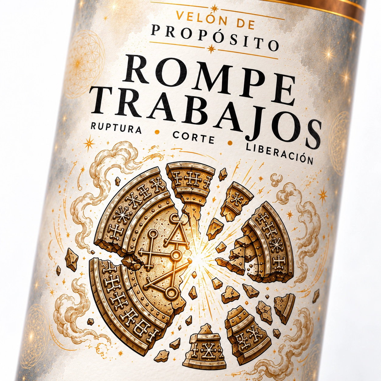Velón Rompe Trabajos – Zi-Enki Velón Rompe Trabajos con etiqueta ilustrada de un sello circular que se fragmenta