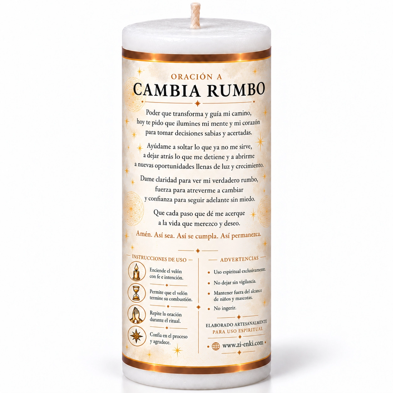 Reverso de vela blanca con oración-3 Velón blanco Cambia Rumbo de Zi-Enki con una brújula y un caminante en la etiqueta
