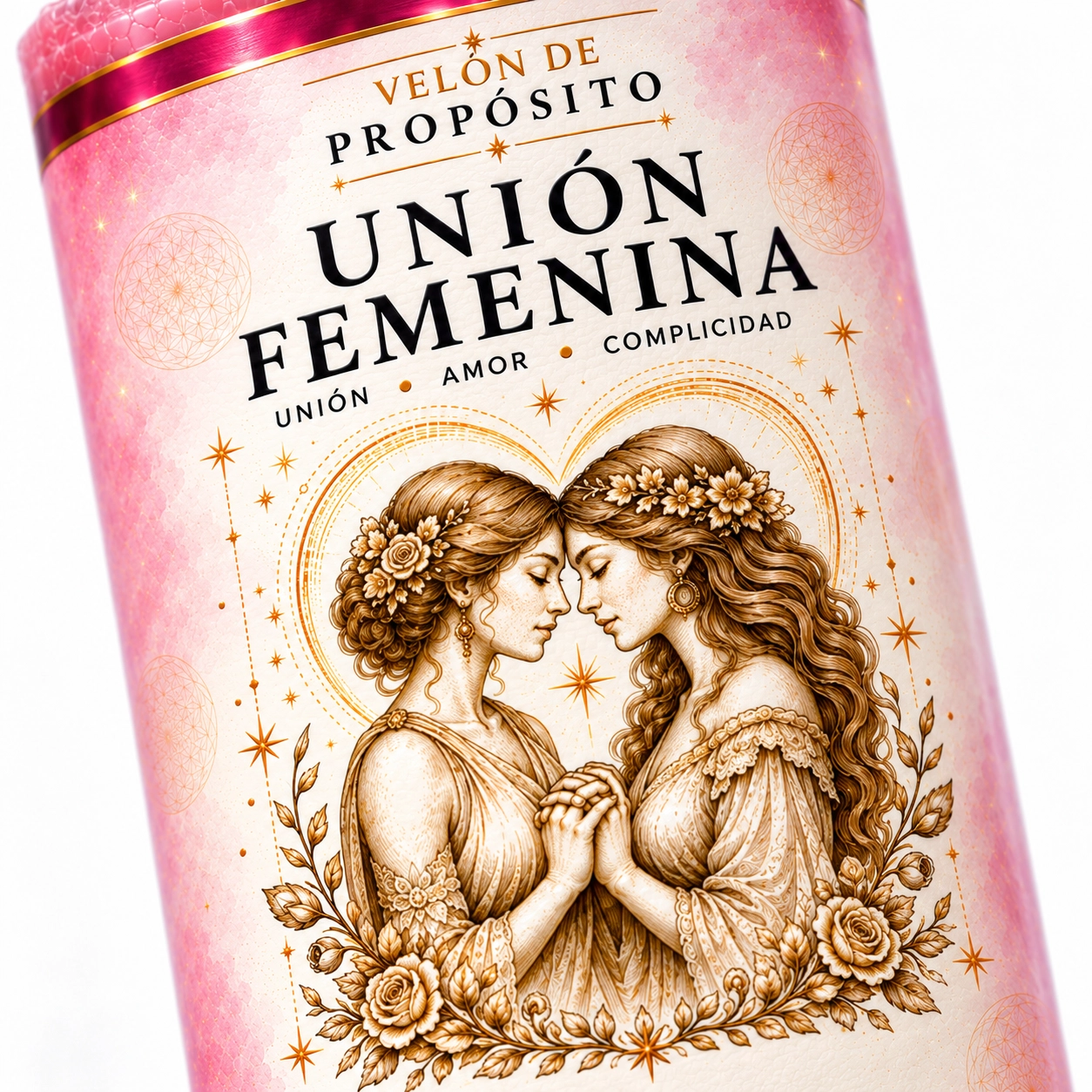 Unión femenina_ amor y complicidad-3 Velón Unión Femenina de Zi-Enki con su etiqueta original de dos mujeres con las manos unidas y rodeadas de flores